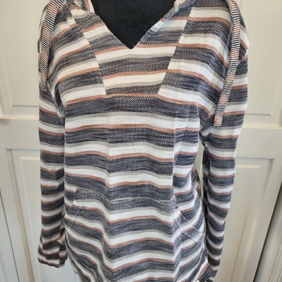 Free Planet Tops - Gray/Brown Stripe Lightweight Hoodie Free Planet M Boho Hippie Coastal Beachy